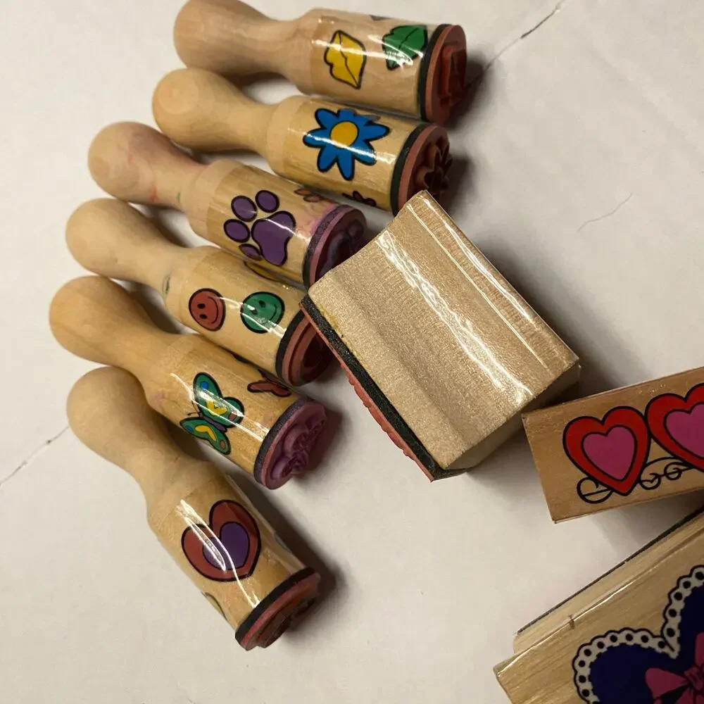Bundle Lot of 15 Vintage Wood Stamps Heart Balloon Rainbow Butterfly Flower Bear